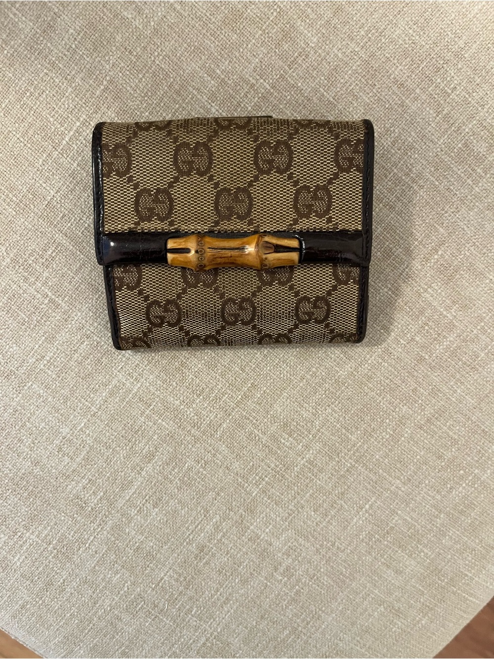 Gucci Brown Monogram wallet and Card Holder with Bamboo Accent